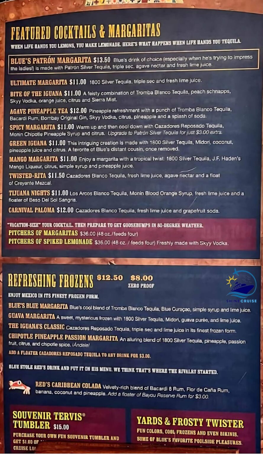 Carnival Blue Iguana Tequila Bar Menu With Prices