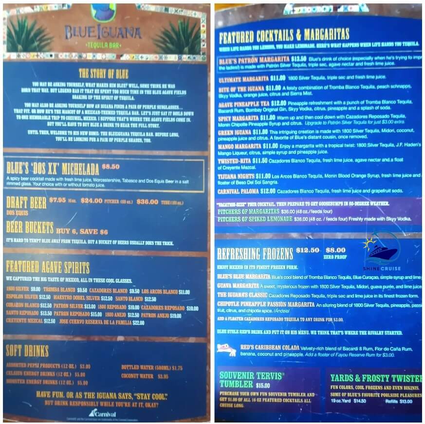Blue Iguana Carnival Cruise Drink Menu