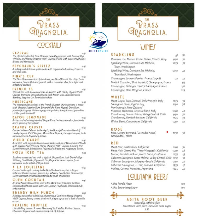 Brass Magnolia Carnival Cruise Drink Menu