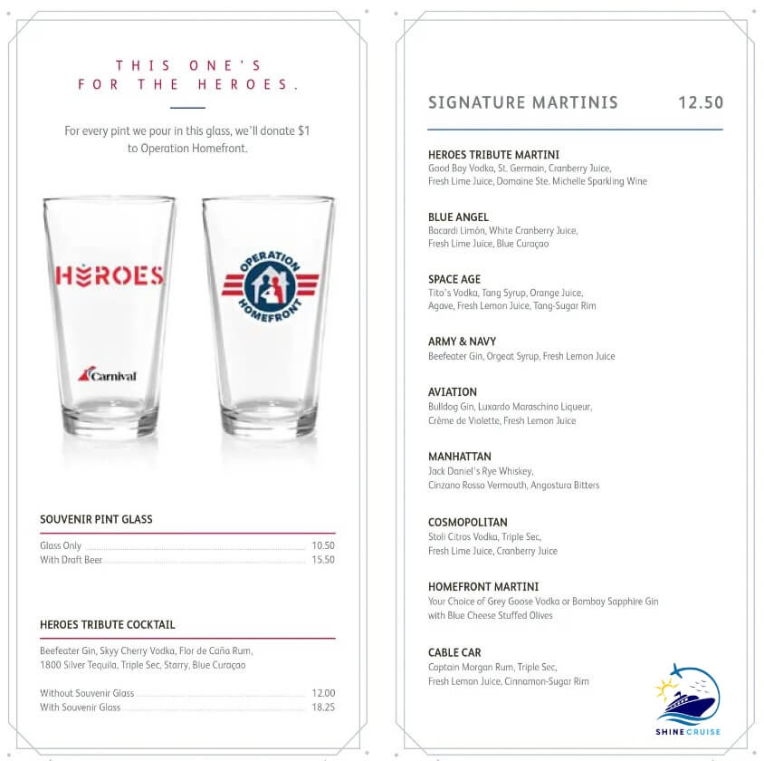 Hero's Tribute Lounge Carnival Cruise Drink Menu