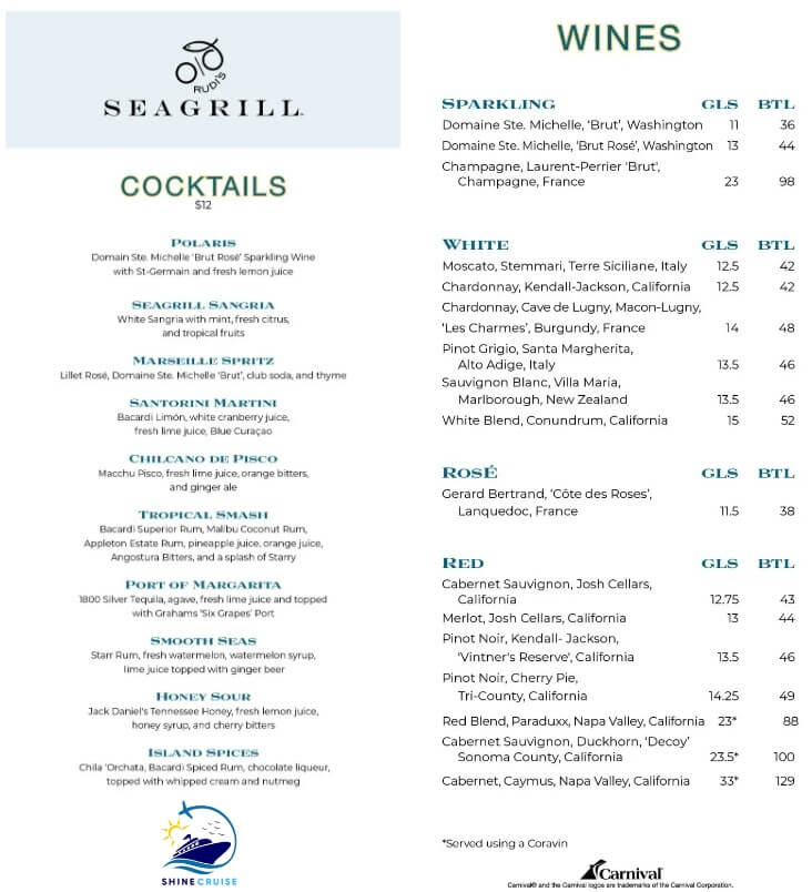 Rudi's SeaGrill Carnival Bar menu