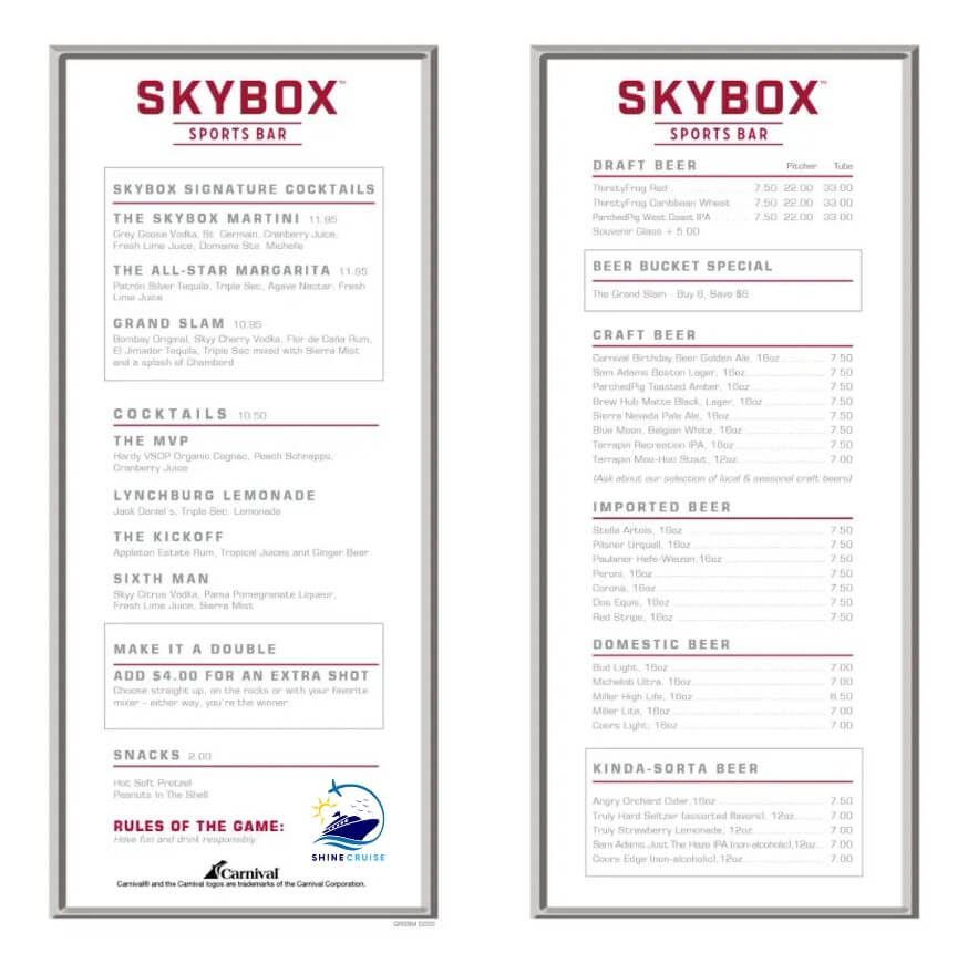 Skybox Sport bar menu carnival