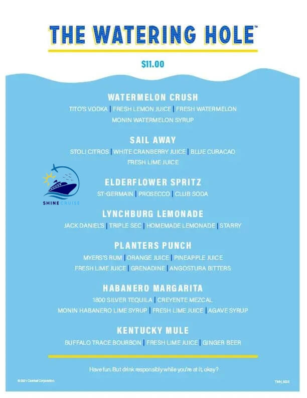 Watering hole bar menu Carnival drink menu
