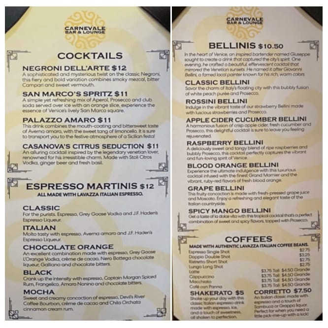 Carnevale bar menu