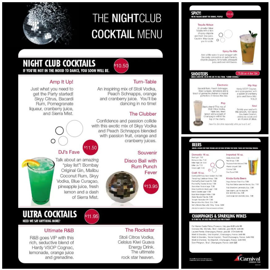 night club bar menu Carnival Cruise Drink Menu