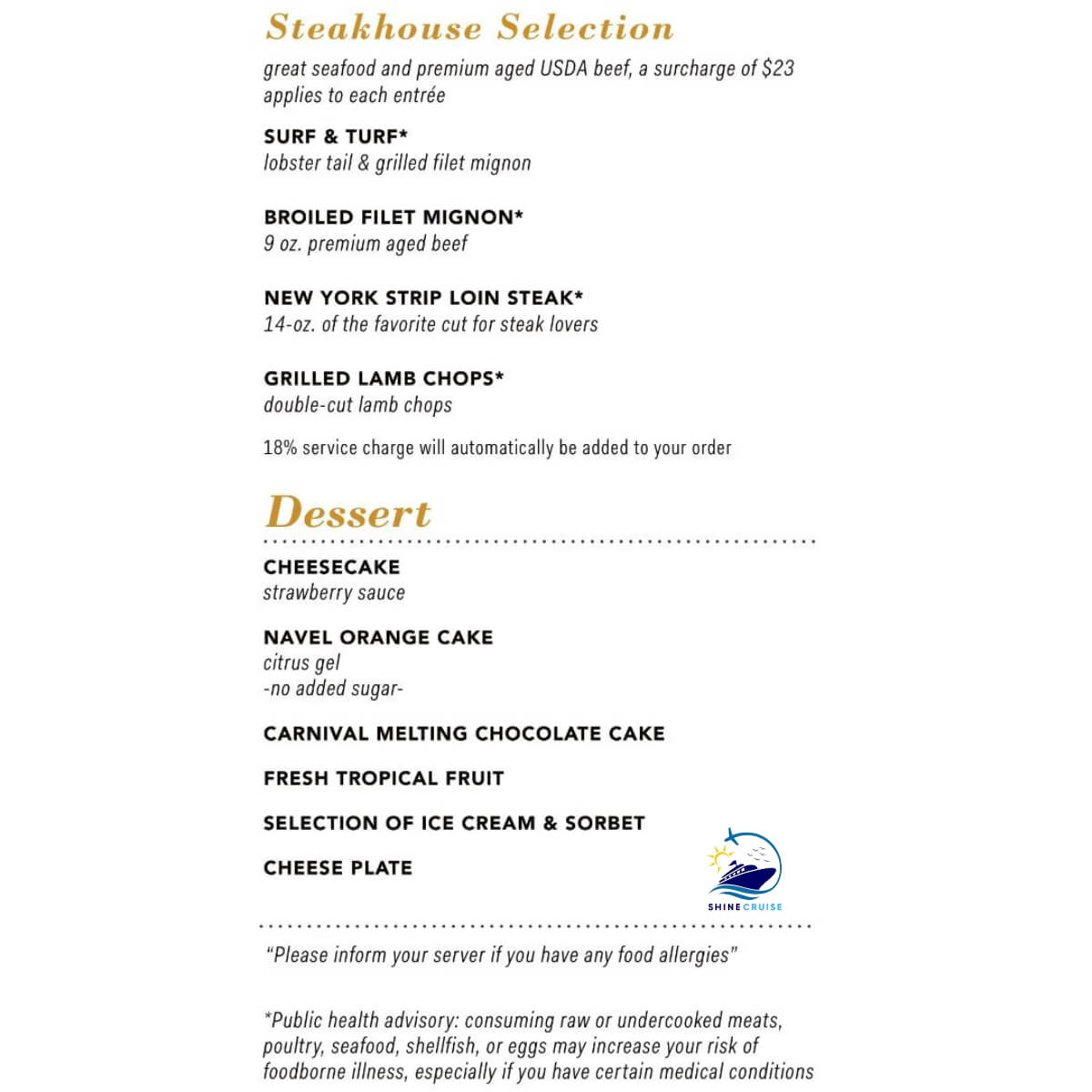 Carnival Dinner Menus for 7 and 8 Night Cruise 2025