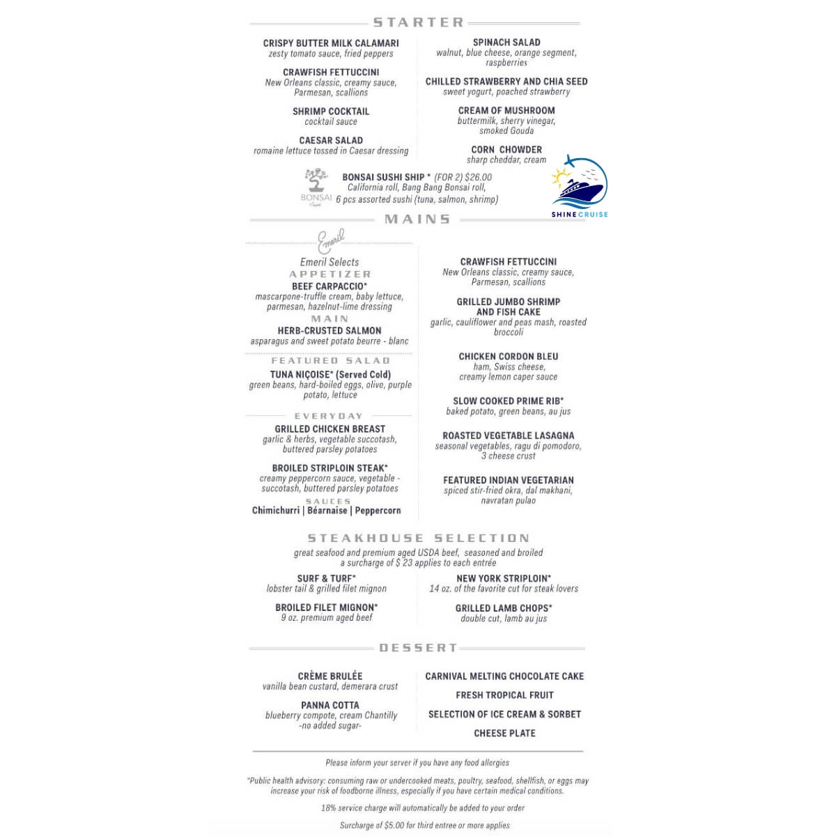 Carnival Dinner Menus for 7 and 8 Night Cruise 2025