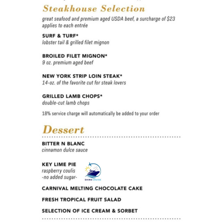 Carnival Dinner Menus for 7 and 8 Night Cruise 2025
