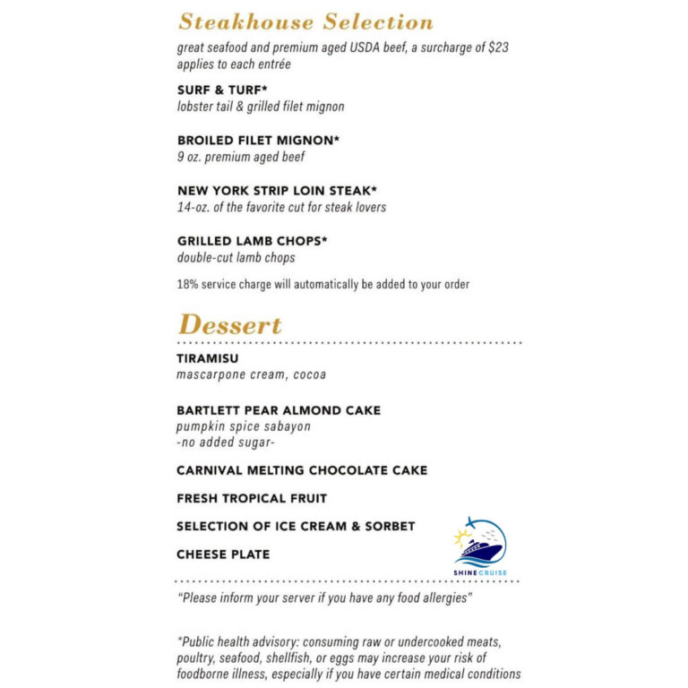 Carnival Dinner Menus for 7 and 8 Night Cruise 2025