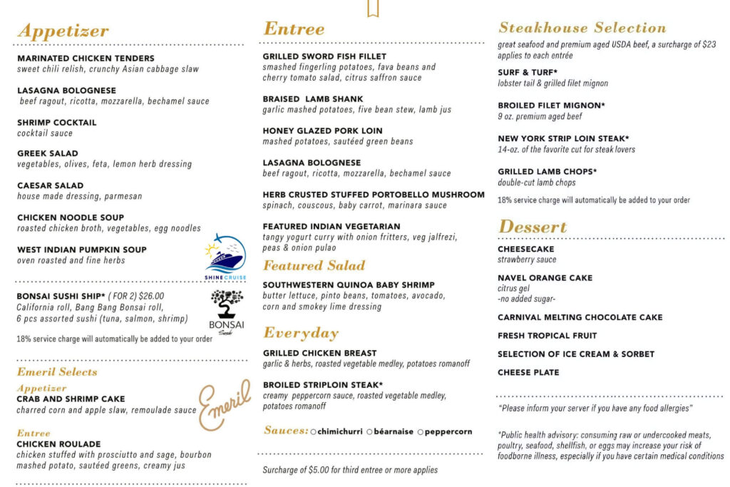 Carnival 4 Day Cruise Menu 2025 Carnival 4 night Cruise Menu 2025