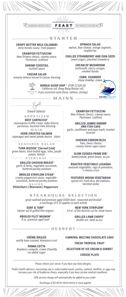 Carnival Main Dining Room Menu 2024.
Carnival Cruise Main Dining Room menu 2024
New Carnival Dinner Menu 2024 
Carnival Menus 2024
new Carnival Cruise Dinner Menu 2024
Carnival Cruise Menu 2024