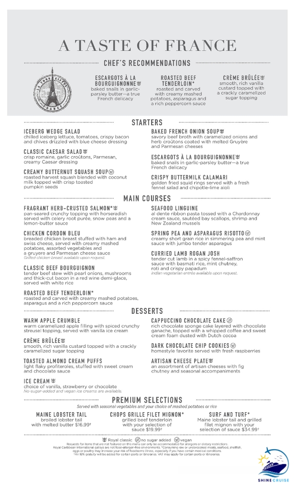 Royal Caribbean Main Dining Room Menu 2025
Royal Caribbean Main Dining Room Menus 2025