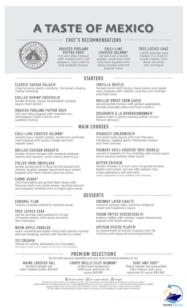 Royal Caribbean Main Dining Room Menu 2025
Royal Caribbean Main Dining Room Menus 2025