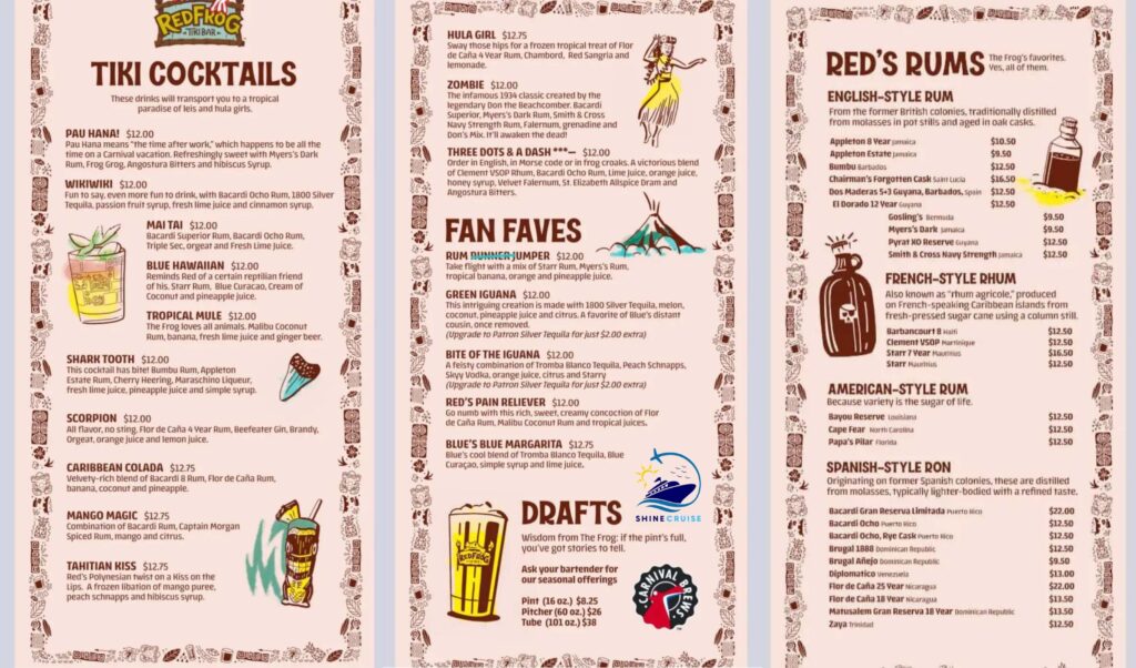 Carnival red frog tiki bar menu 2024
Carnival red frog tiki bar 2024
Carnival Red frog Tiki Prices 2024
carnival redfrog tiki bar menu 2024