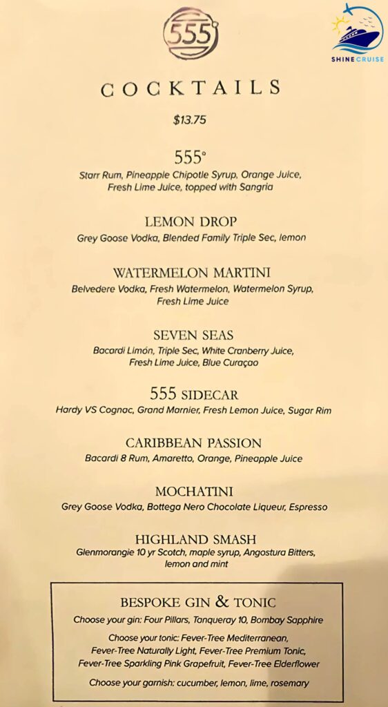 carnival cruise fahrenheit 555 Steakhouse menu 2025 for drinks