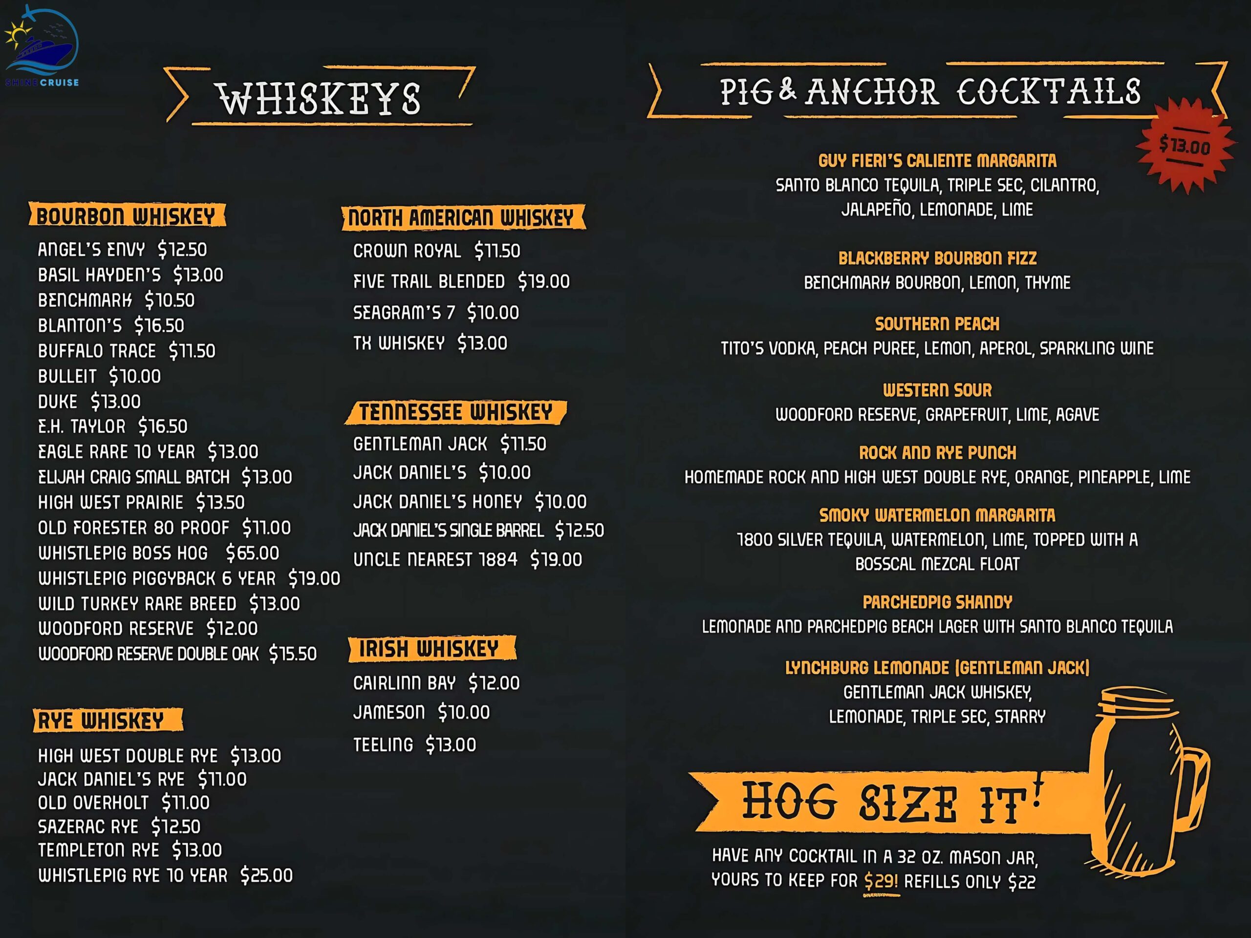 Guy's Pig and anchor joint Carnival
carnival celebration guys pig and anchor menu
carnival cruise drink menu 2025
carnival cruise drink prices 2025
carnival drink menu 2025
carnival drink prices 2025