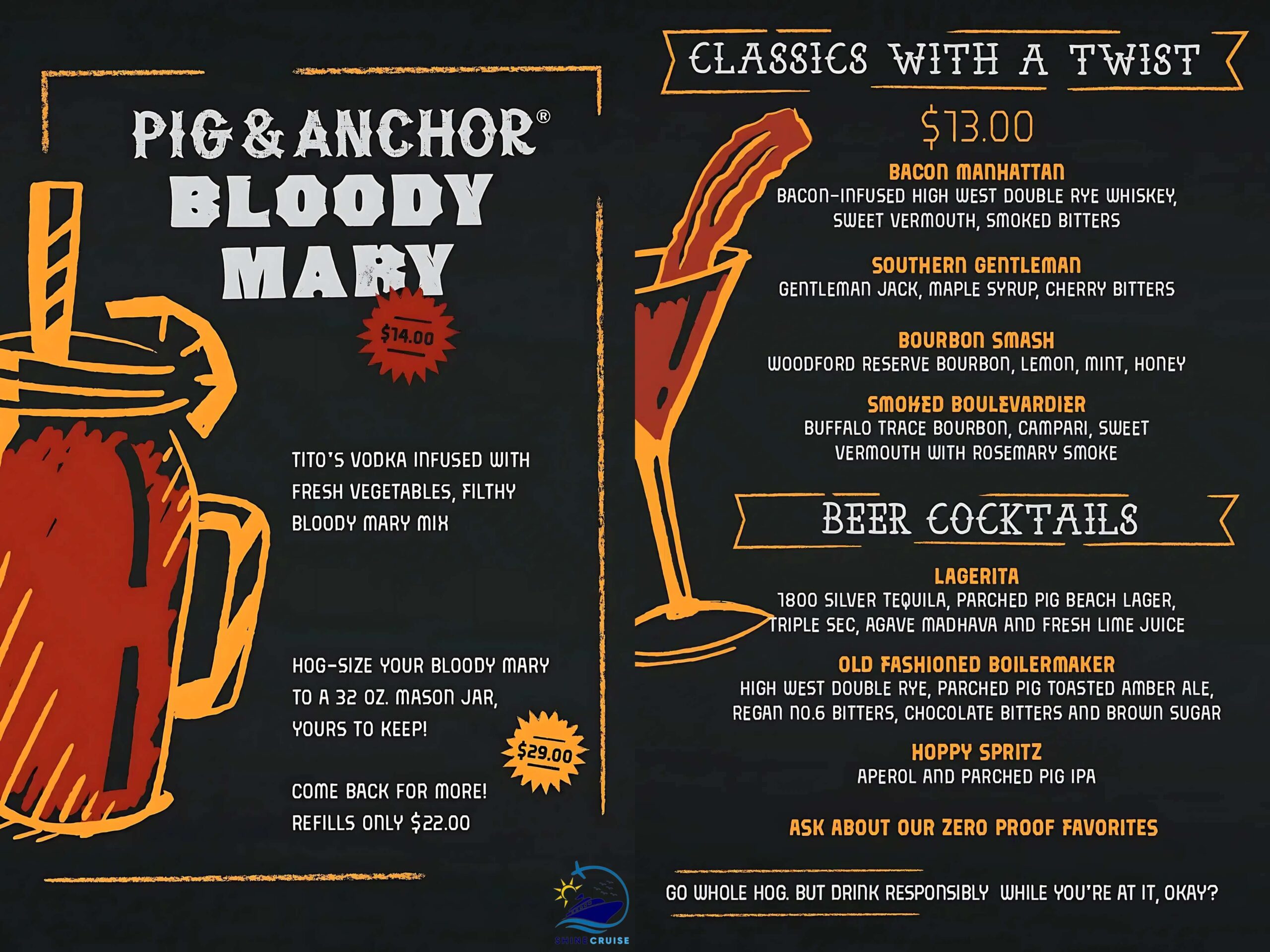 Guy's Pig and anchor joint Carnival
carnival celebration guys pig and anchor menu
carnival cruise drink menu 2025
carnival cruise drink prices 2025
carnival drink menu 2025
carnival drink prices 2025