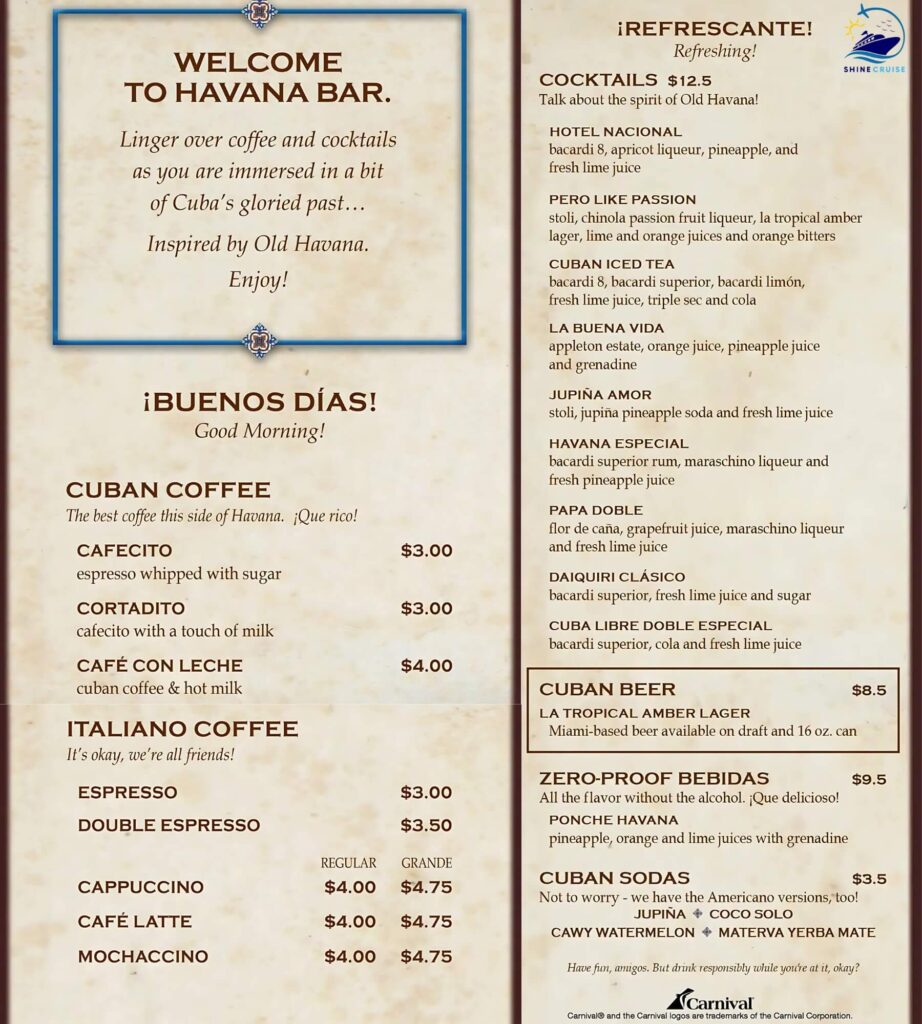 Havana Bar menu Carnival
carnival cruise drink menu 2025
carnival cruise drink prices 2025
carnival drink menu 2025
carnival drink prices 2025