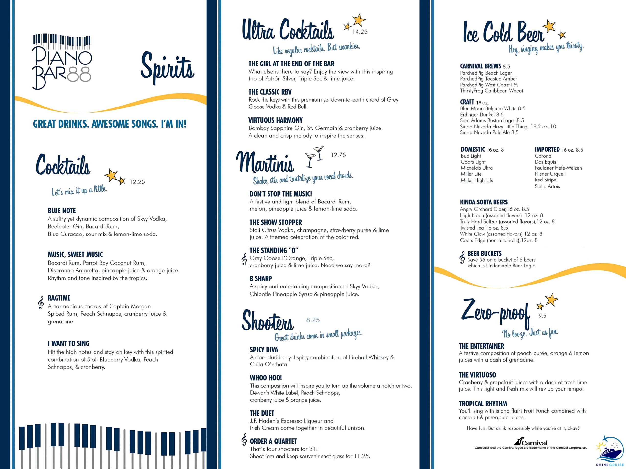 Piano bar 88 Carnival
carnival cruise drink menu 2025
carnival cruise drink prices 2025
carnival drink menu 2025
carnival drink prices 2025