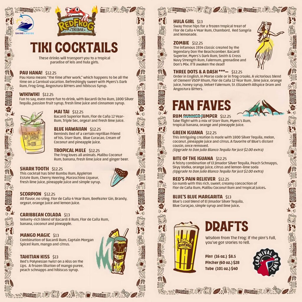 Carnival red frog tiki bar menu 2025
Carnival red frog tiki bar 2025
Carnival Red frog Tiki Prices 2025
carnival redfrog tiki bar menu 2025