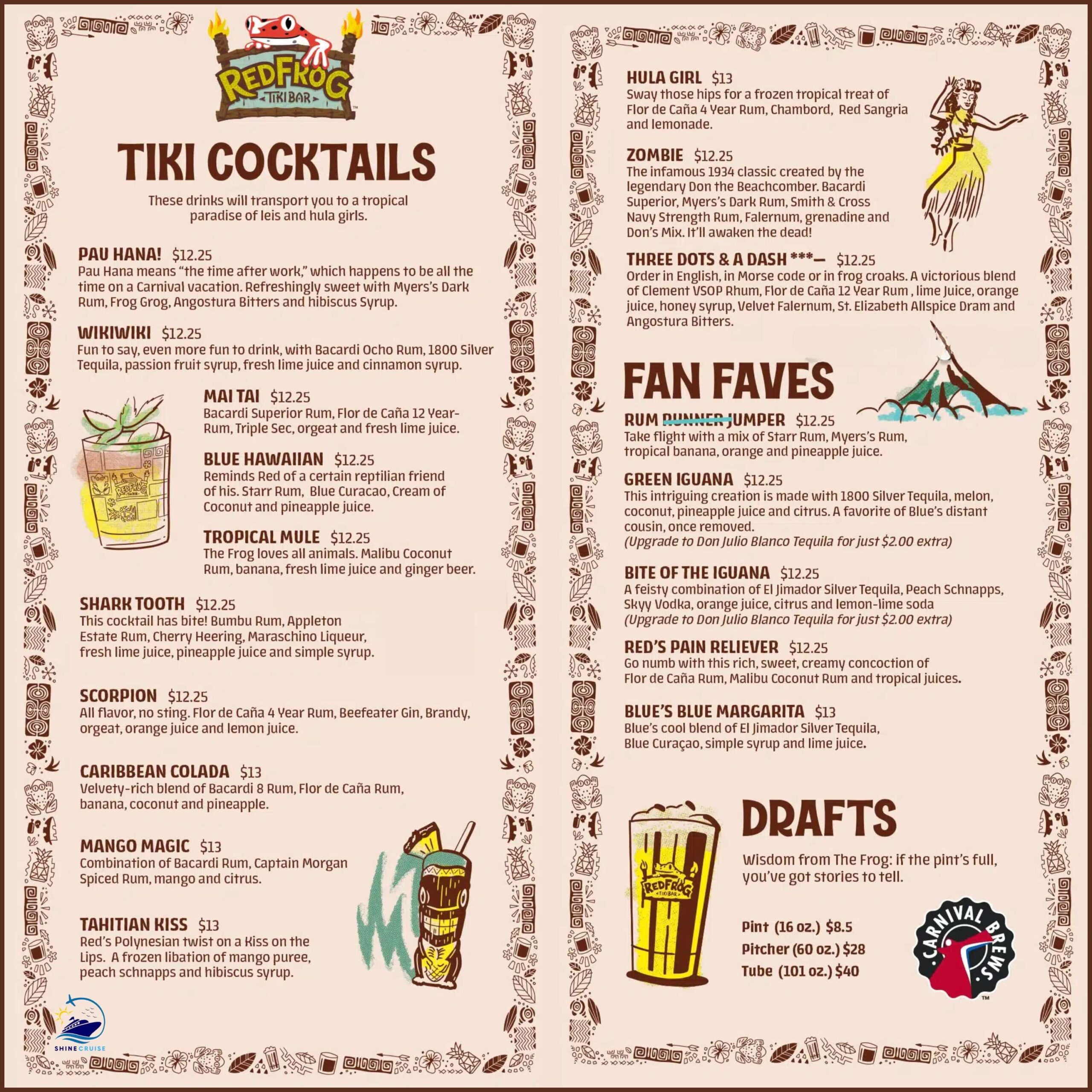 Red Frog Tiki Bar menu
carnival cruise drink menu 2025
carnival cruise drink prices 2025
carnival drink menu 2025
carnival drink prices 2025