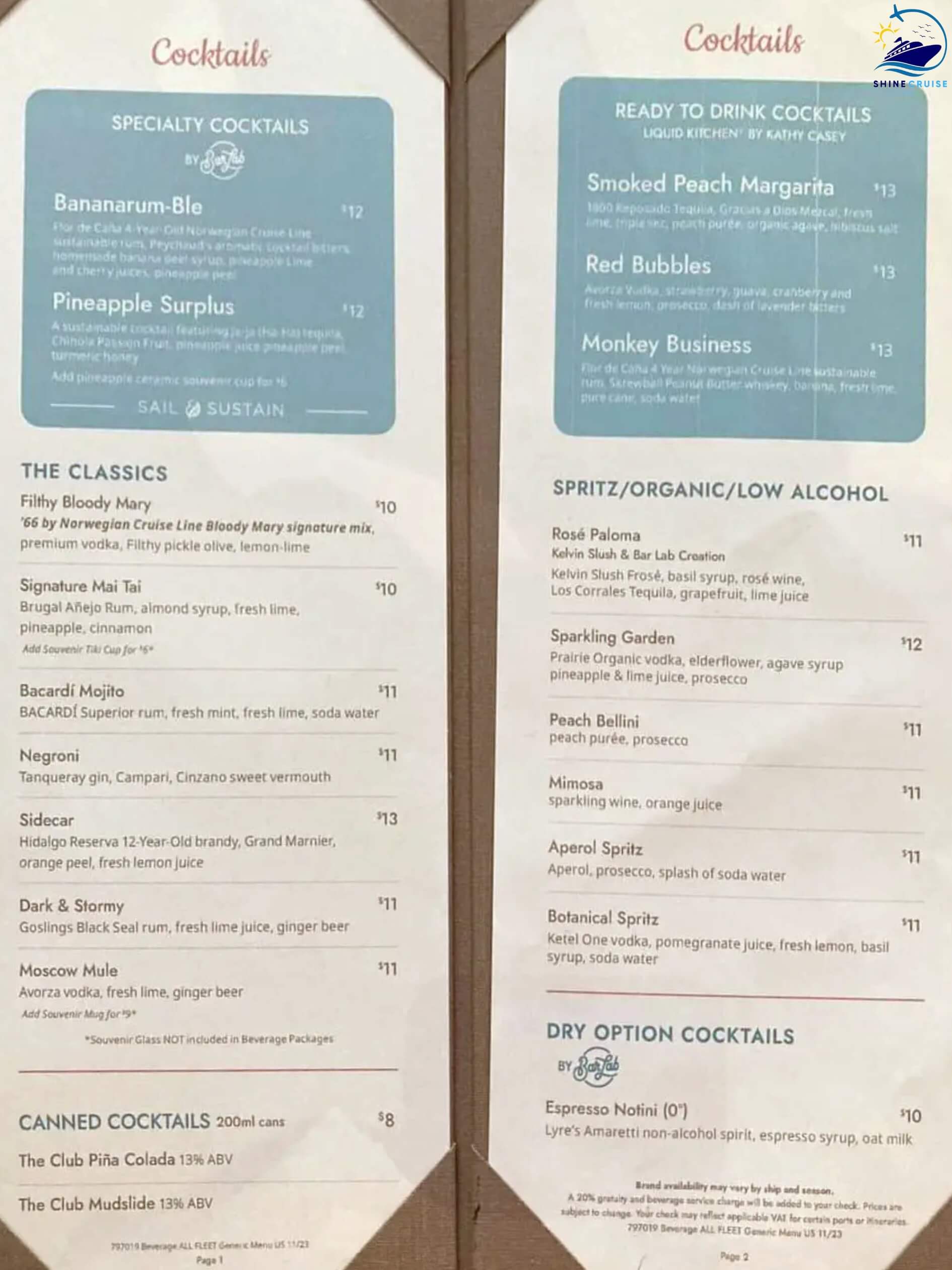 NCL Drink Menu 2025 with Bar Prices for All Norwegian Ships