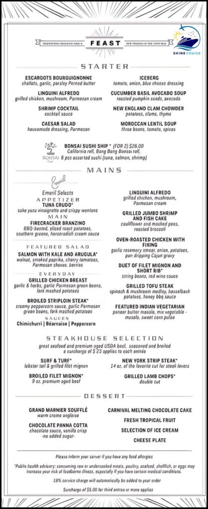 Carnival 14 Day Cruise Menu 2024
Carnival Main Dining Room Menus 
Carnival Dinner Menus