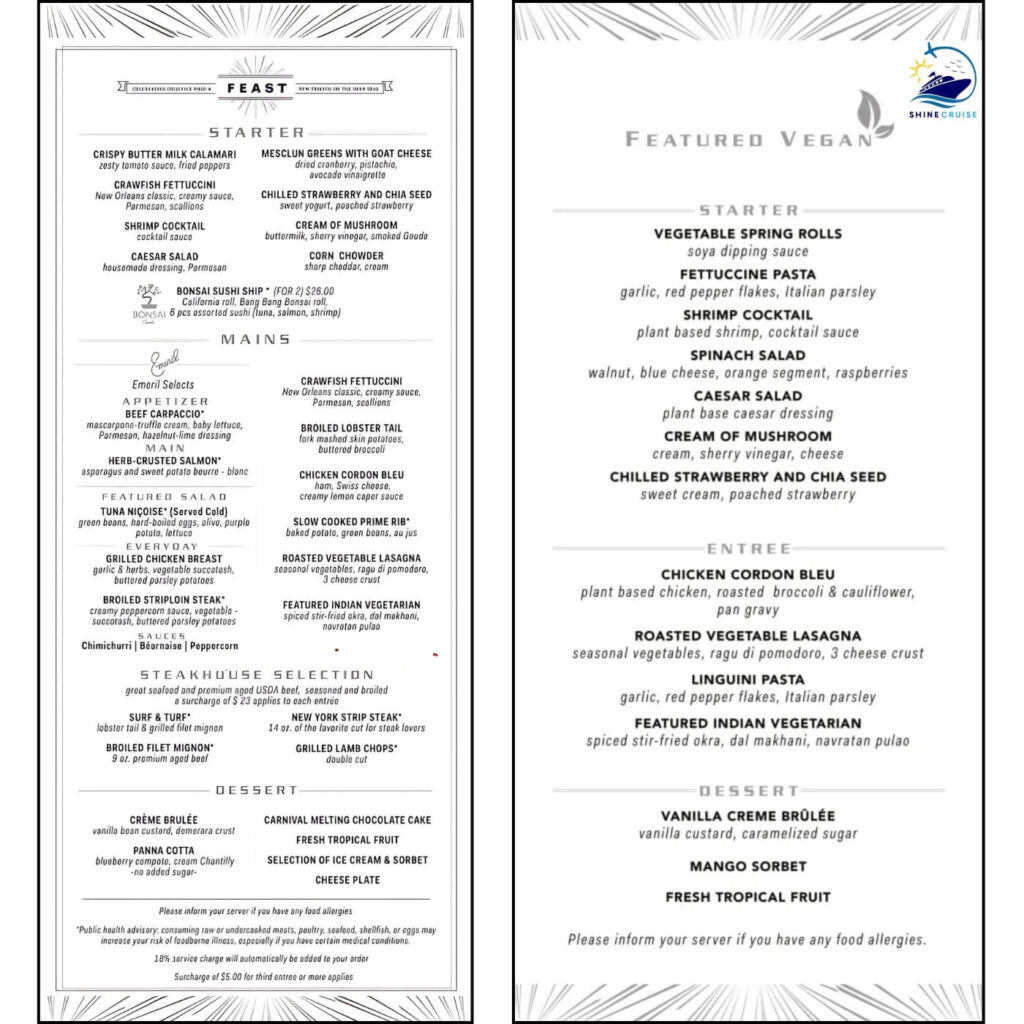 Carnival 14 Day Cruise Menu 2024
Carnival Main Dining Room Menus 
Carnival Dinner Menus