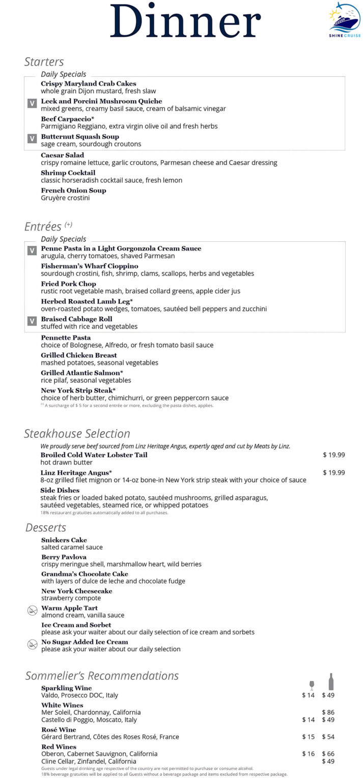 MSC Main Dining Room Menus for 2026 for all Ships