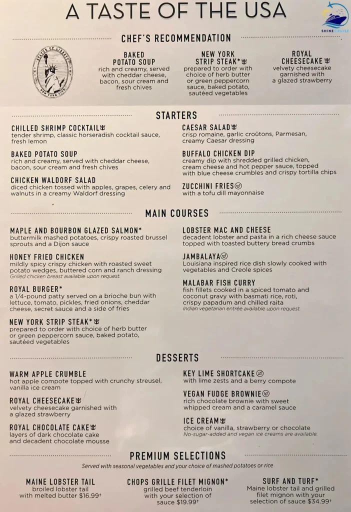 Royal Caribbean Taste of USA Menu
Royal Caribbean Main Dining Room Menu 2025
