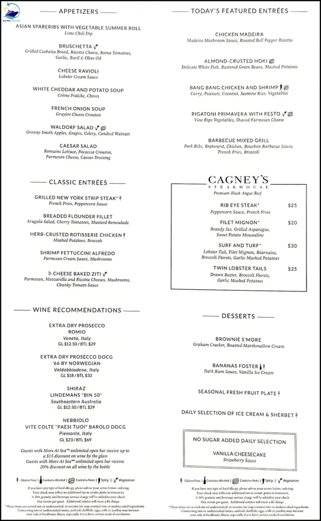 Norwegian Cruise dinner menu for night 3