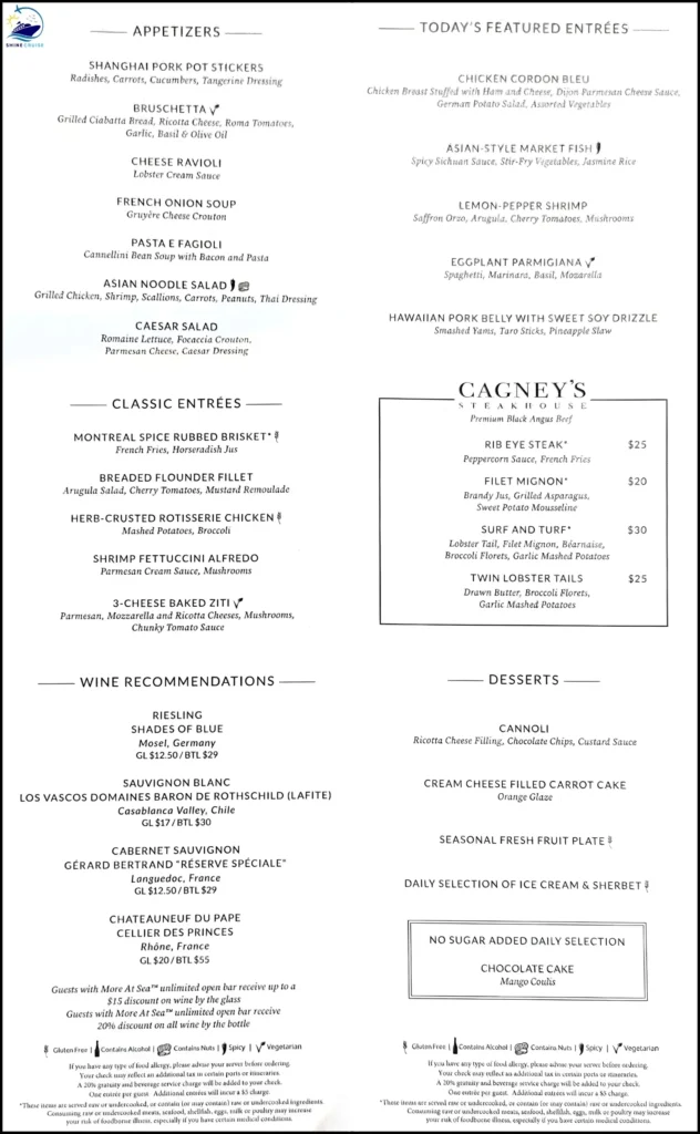 NCL dinner menu for night 4