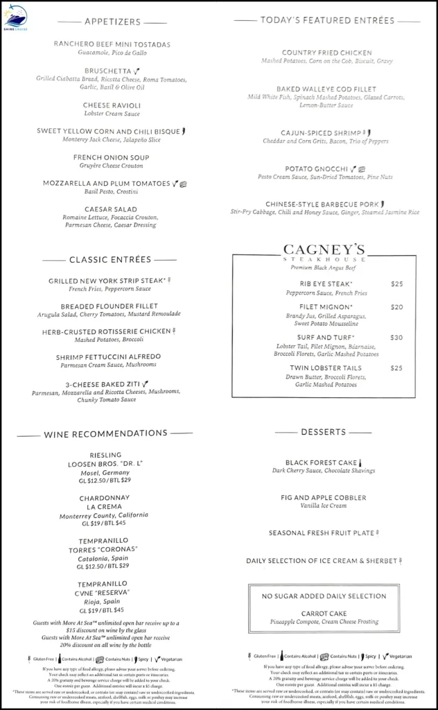 Norwegian Cruise Line dinner menu for night 5