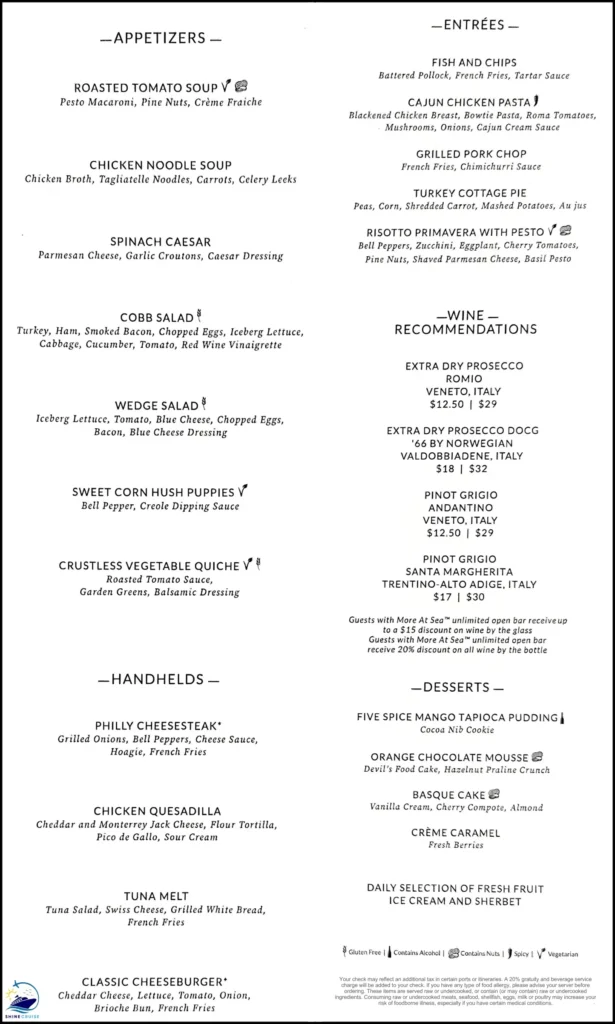 NCL Main Dining Room Lunch Menu 1