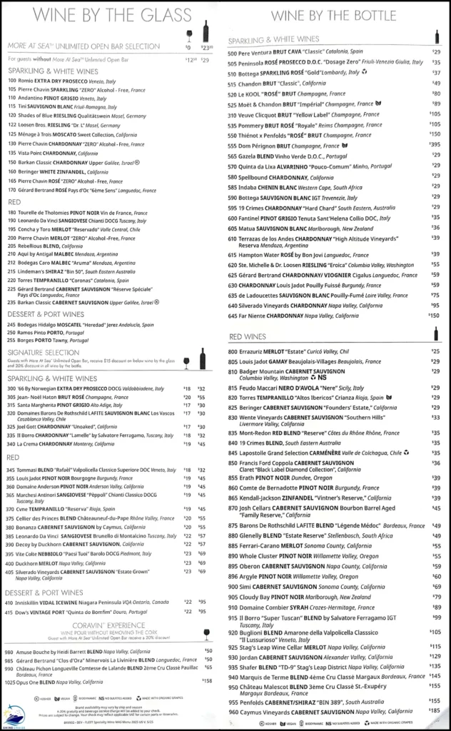 NCL Main Dining Room Wine Menu