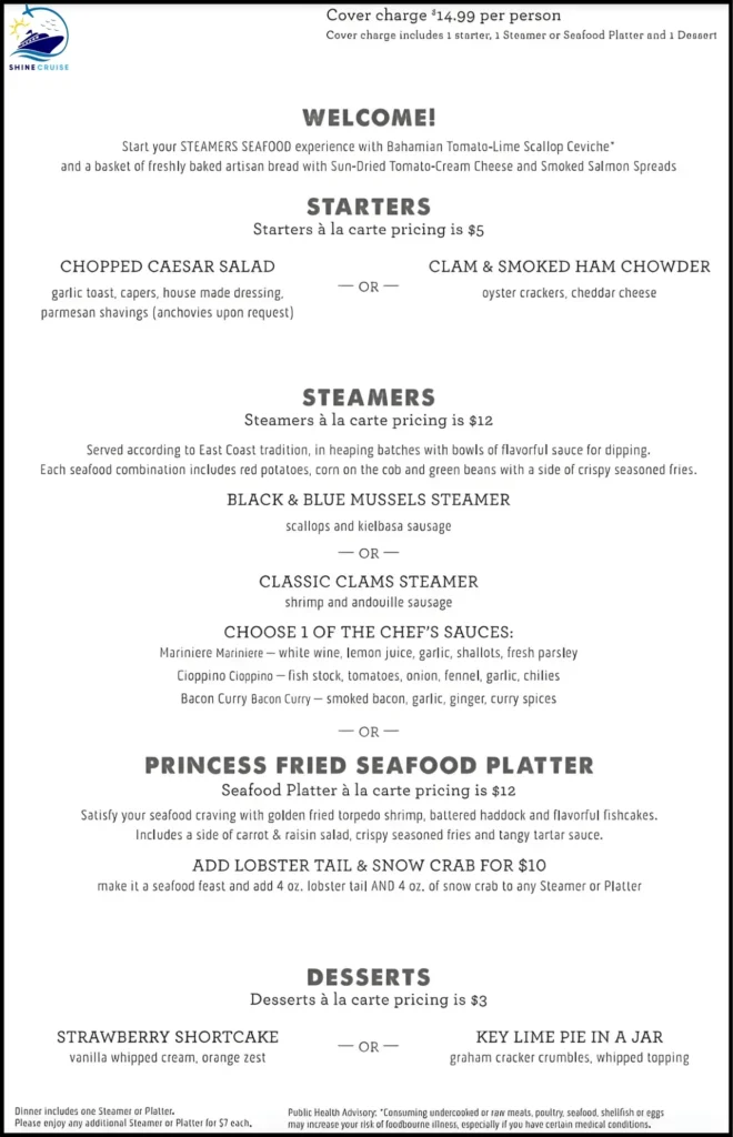 What is Casual Dining on Princess Cruises?
Steamers Seafood Menu