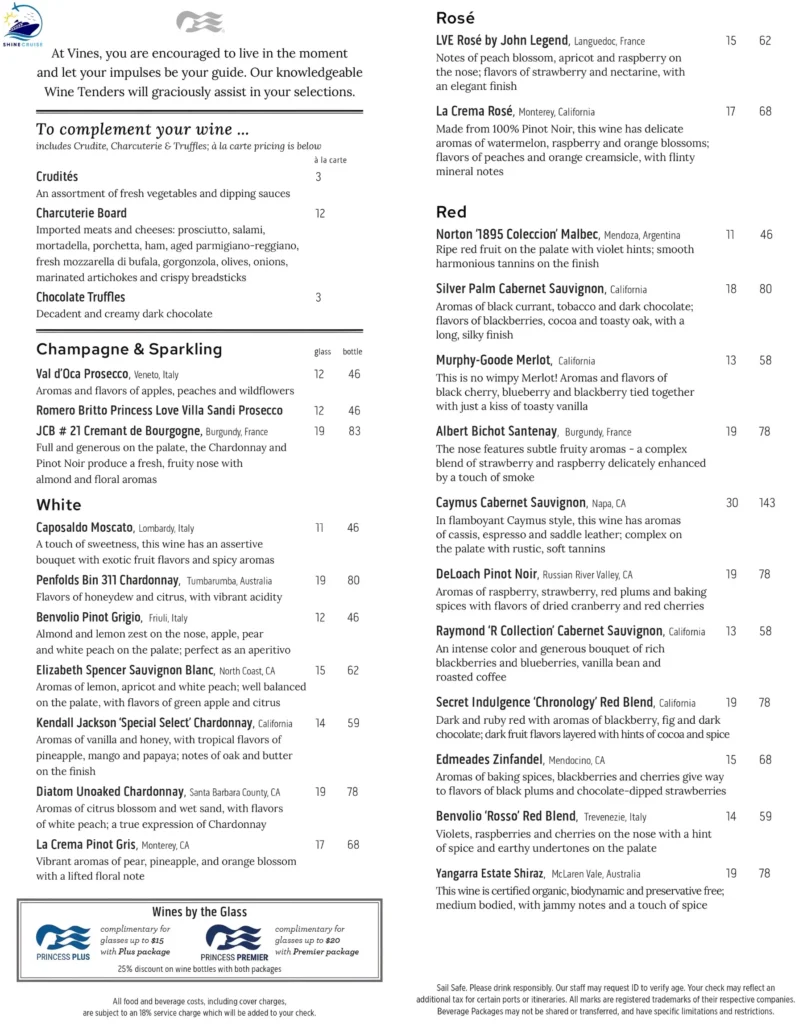 Princess Casual Dining Menus
Vines Menu