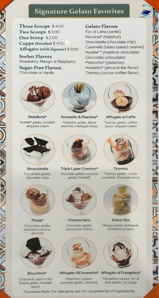 Princess Cruises Casual Dining Menus
Gelato menu