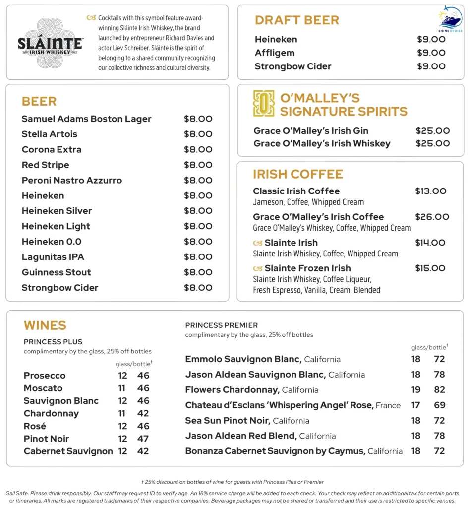 What is Casual Dining on Princess Cruises?
O’Malley’s drink Menu
