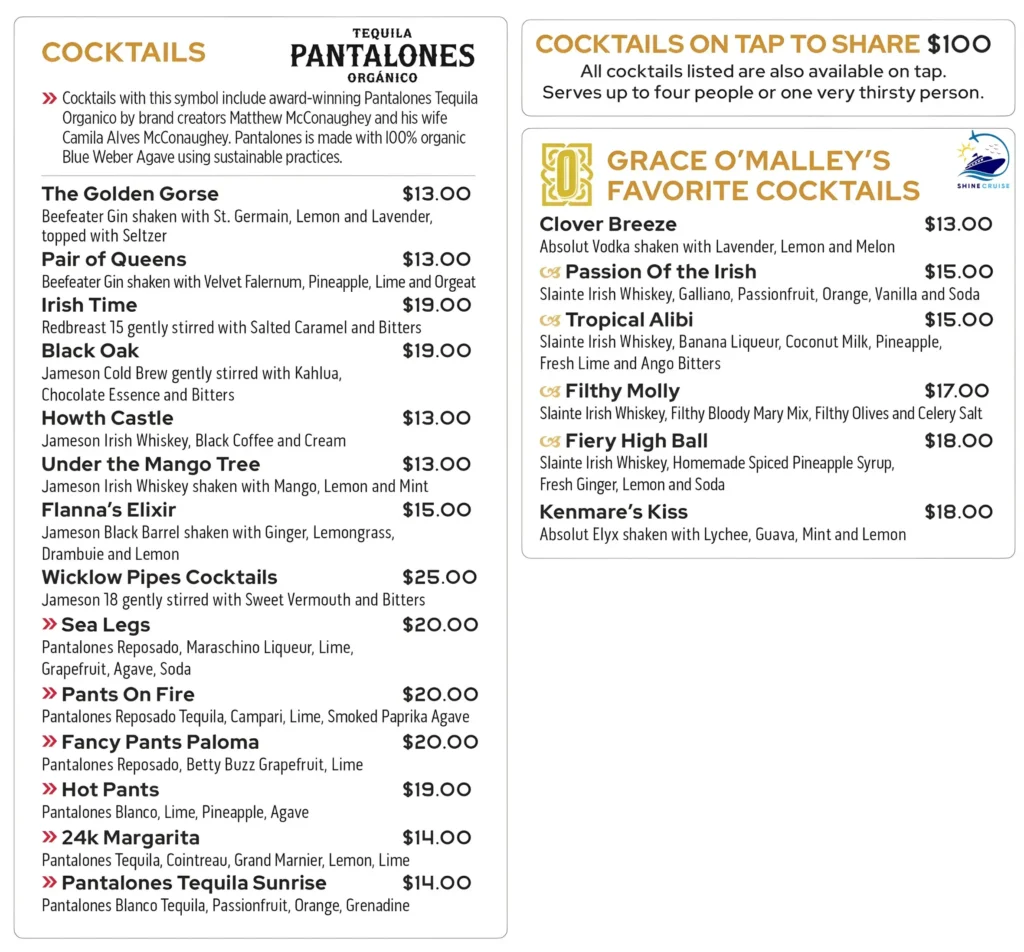 Princess Casual Dining Menus
O’Malley’s drink Menu