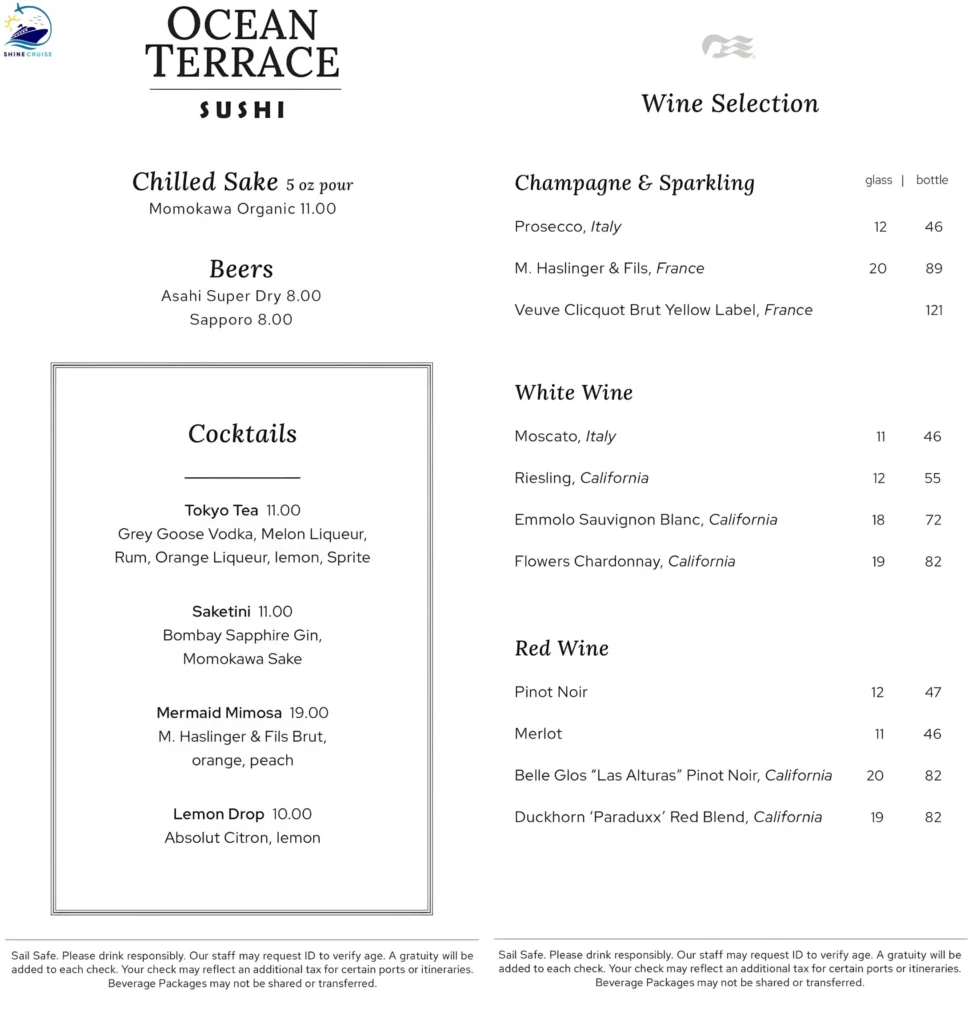 Princess Cruise Casual Dining Menus
Ocean Terrace drink Menu 
