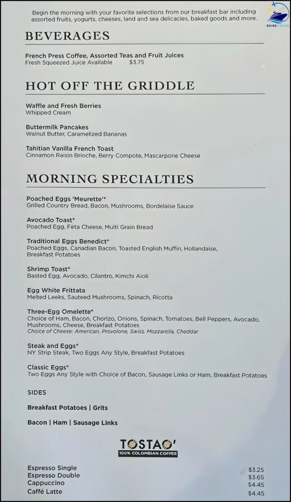 NCL Cagney breakfast menu for suite guest