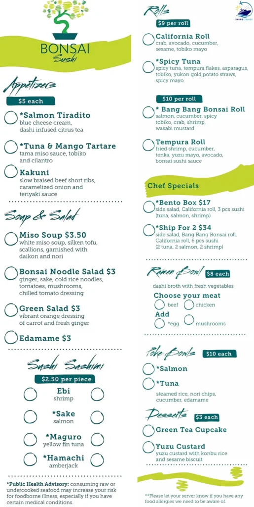 Carnival Bonsai Sushi Menu for Lunch & Dinner 