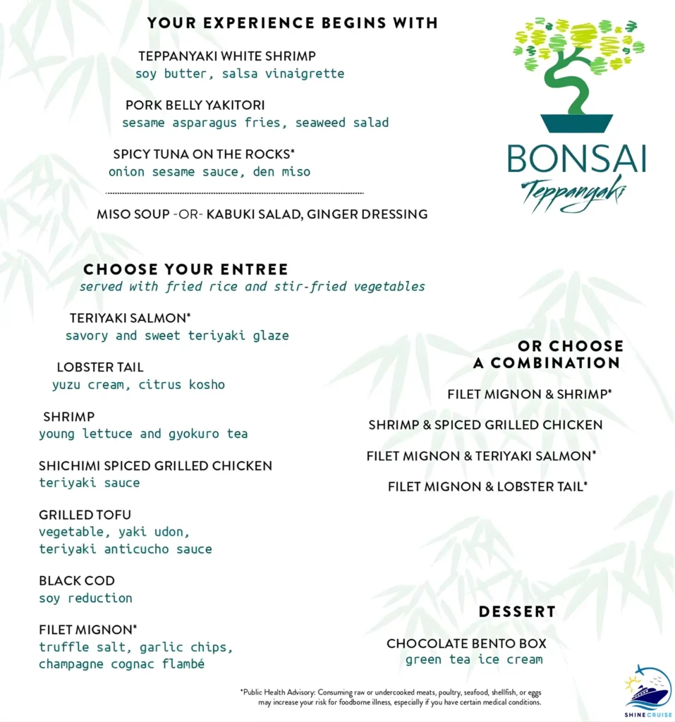 carnival bonsai teppanyaki lunch menu and dinner menu