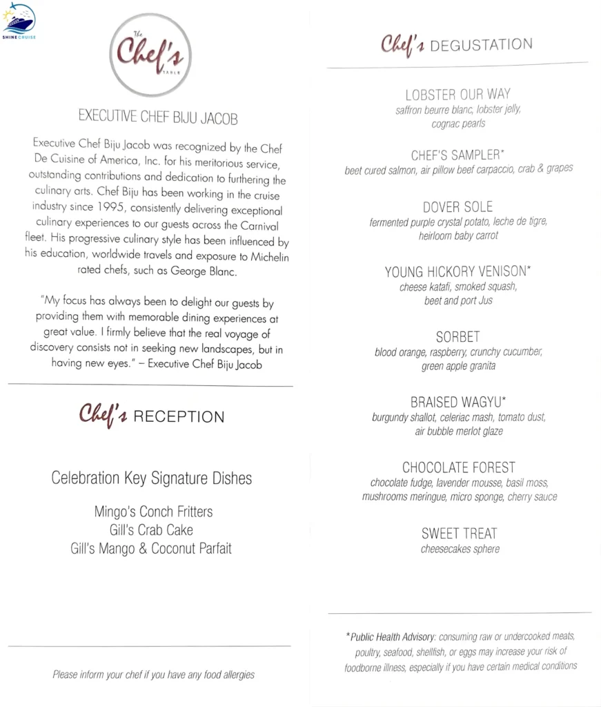 Carnival Chef Table Menu   