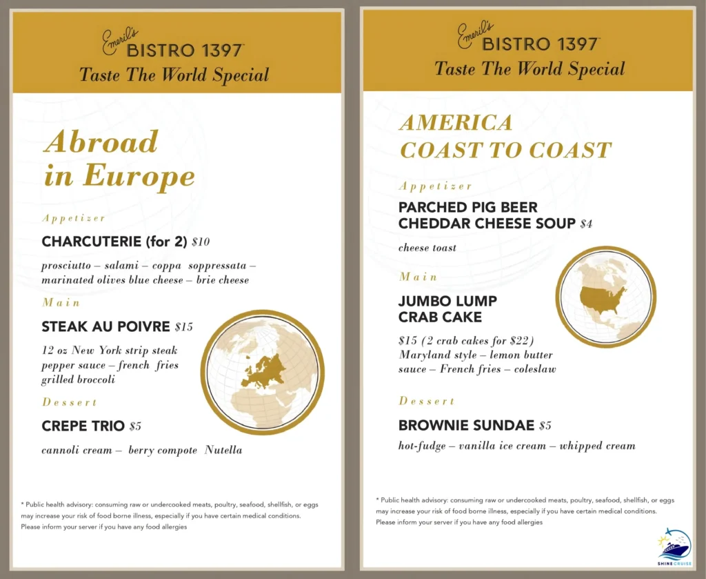 Carnival Emeril Bistro 1397 menu prices for lunch and dinner