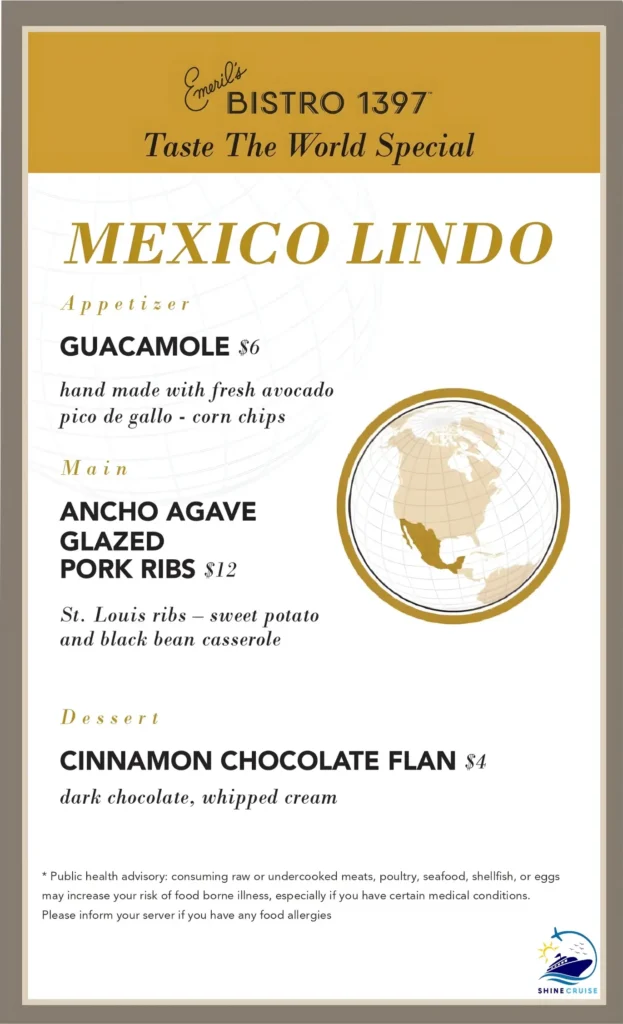 Carnival Emeril Bistro 1397 menu prices for lunch and dinner