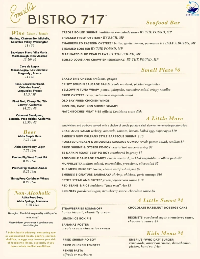 Carnival Emeril's Bistro 717 menu