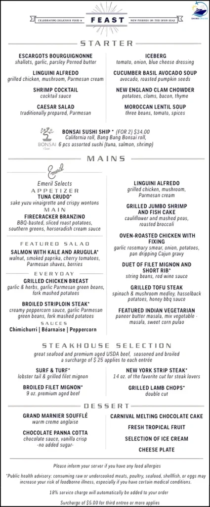 new Carnival Cruise Dinner Menu 2025 for night 2 