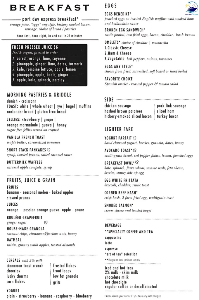 Carnival Main Dining Room Breakfast Menu 2025